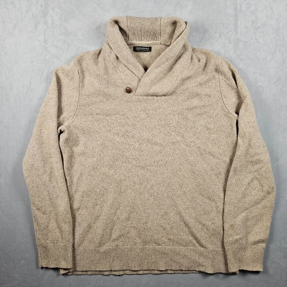 Banana Republic Sweater Mens Large Tan 100% Merino Wool Shawl Collar Granola